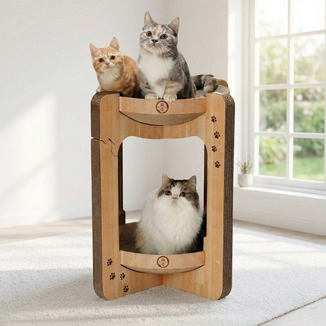 네코이찌 대형 침대 캣타워 고양이 원형 2단 스크래쳐, 라이트브라운, 1개