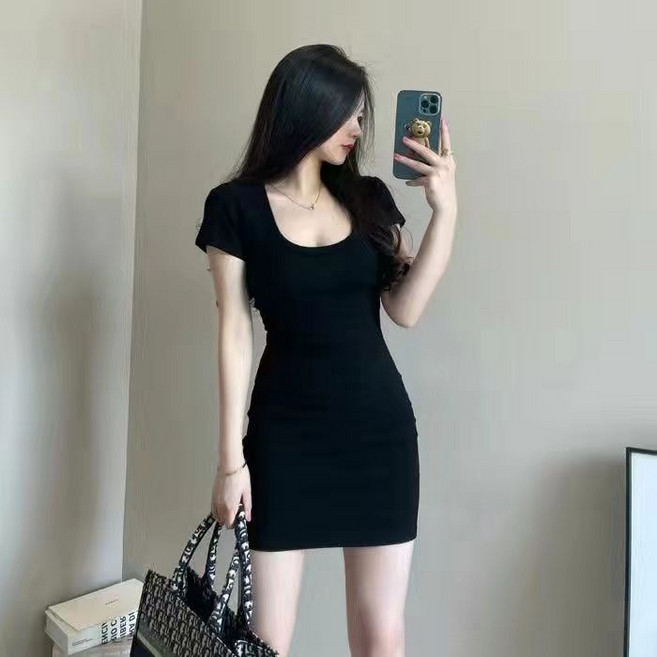 4위 - BROWMODA 여성 캐주얼 슬림핏 심플 키작녀 스퀘어넥 미니 반팔 원피스