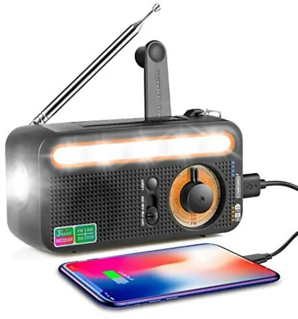 자가발전 휴대용 라디오 생존가방 태양 비상 충전식 핸드 크랭크 amfmsw sos 알람 지원 전원 은행 2000mah 손전등 독서 램프, 블랙