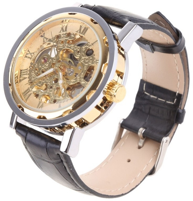 남성 클래식 블랙 가죽 골드 다이얼 스켈레톤 기계식 육군 스포츠 손목시계