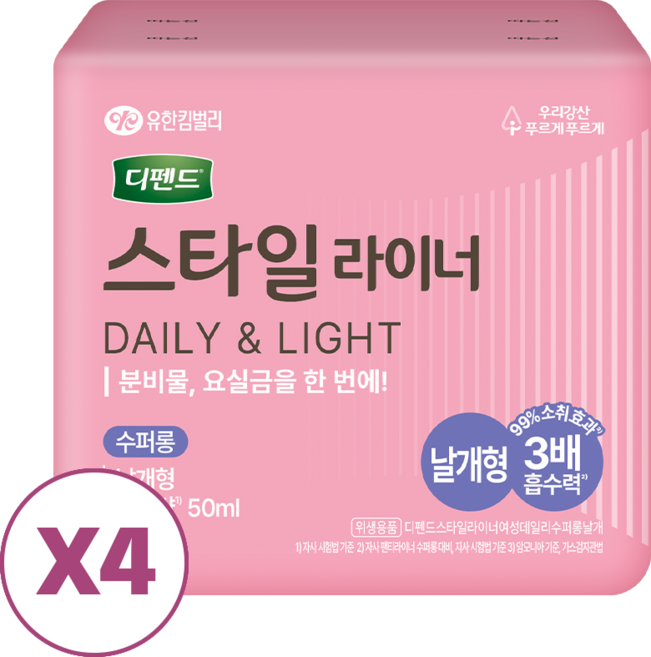 스타일 데 라이너 수퍼롱 날개형 19개입 4개 여성용 팬티라이너, 19