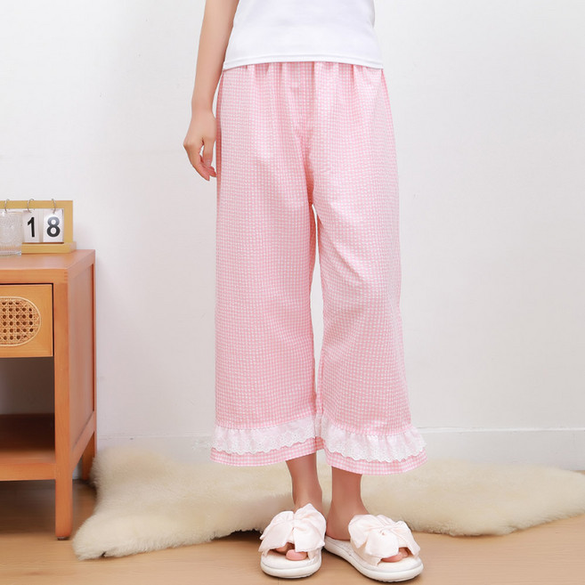 미미캐츠 선염 잔체크 레이스 와이드 여성 파자마 바지 9062