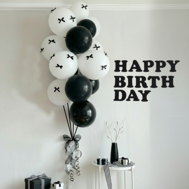 크레샤 블랙핑크 생일파티용품 헬륨효과 파티풍선세트, 1박스, 블랙리본