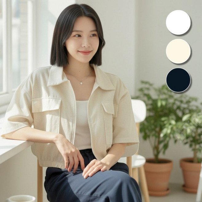 핏몬 린넨 카라넥 투포켓 집업 크롭 반팔 자켓 55~77