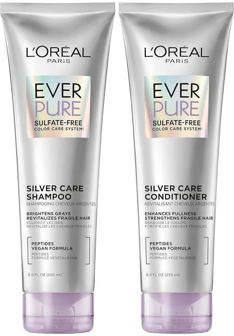 로레알 L'Oreal Paris EverPure 실버 케어 황산염 프리 샴푸 및 컨디셔너 세트 흰머리를 밝게 하기 위한 펩타이드가 함유된 영양 비건 포뮬러 1 키트 1371, 250ml