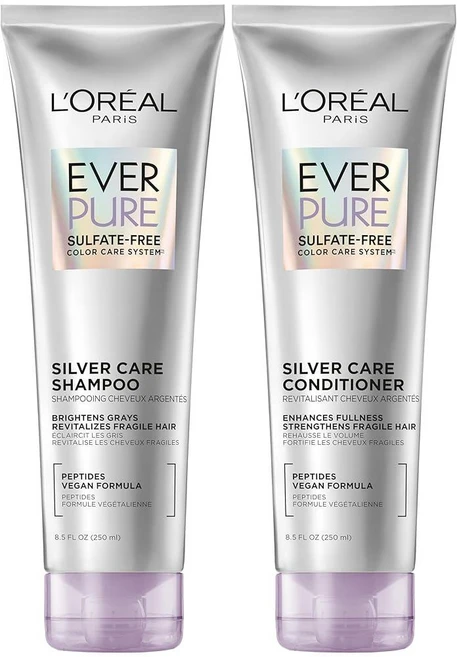 로레알 L'Oreal Paris EverPure 실버 케어 황산염 프리 샴푸 및 컨디셔너 세트 흰머리를 밝게 하기 위한 펩타이드가 함유된 영양 비건 포뮬러 1 키트 1371, 250ml - 쿠팡