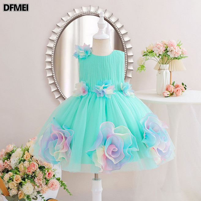 DFMEI 女童禮服裙七彩花朵蓬蓬公主裙花童婚紗女童連衣裙