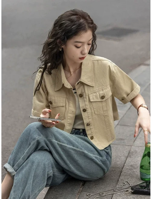 FINE ART 여성 반팔 코트 상의 캐주얼 카디건 자켓 재킷 상의