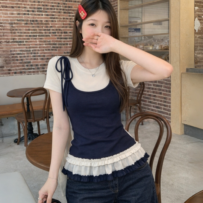 여성 리본 레이어드 슬림핏 반팔 티셔츠 프릴 밑단 발레코어 여름 데일리 상의