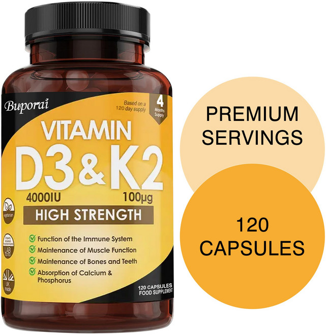 비타민 D3 K2 - 비타민 D3 4000iu 및 비타민 K2 100ug(MK7) 면역력 칼슘 흡수 및 뼈 건강에 도움 비유전자변형., 1개, 60정