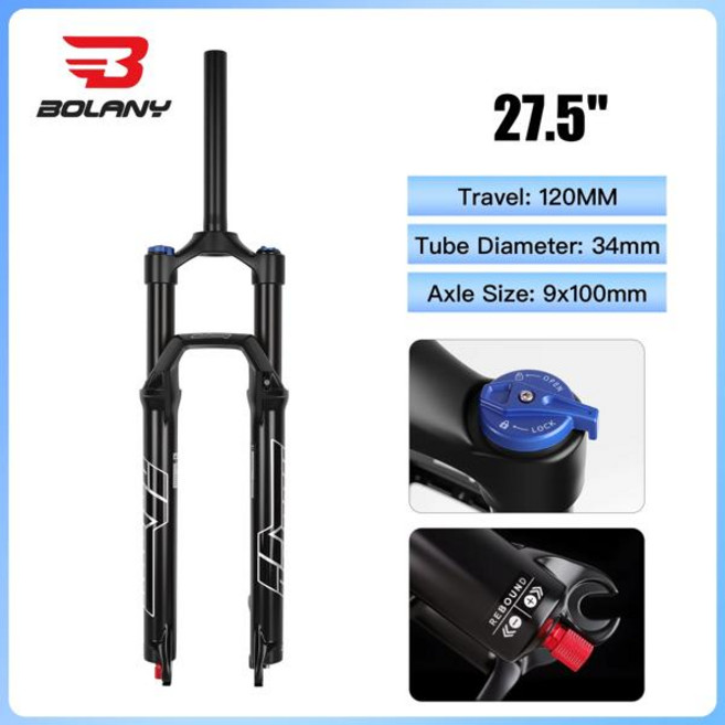 볼라니 34mm 에어 포크 2627.529인치 MTB 잠금 120140mm 트래블 디스크 브레이크 자전거 부품, [08] 27.5 Manual 120mm B, 1