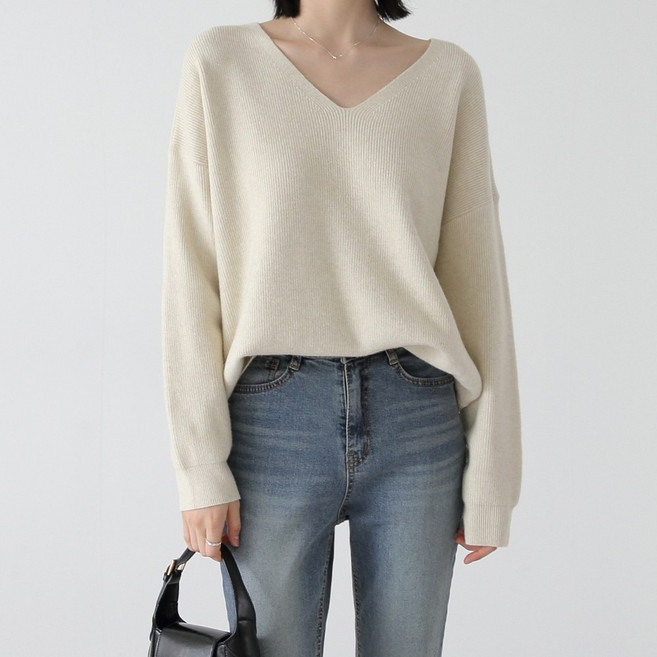 제니트 여성 체형커버 루즈핏 고급 부드러운 촉감 데일리 포인트 컬러 브이넥 니트