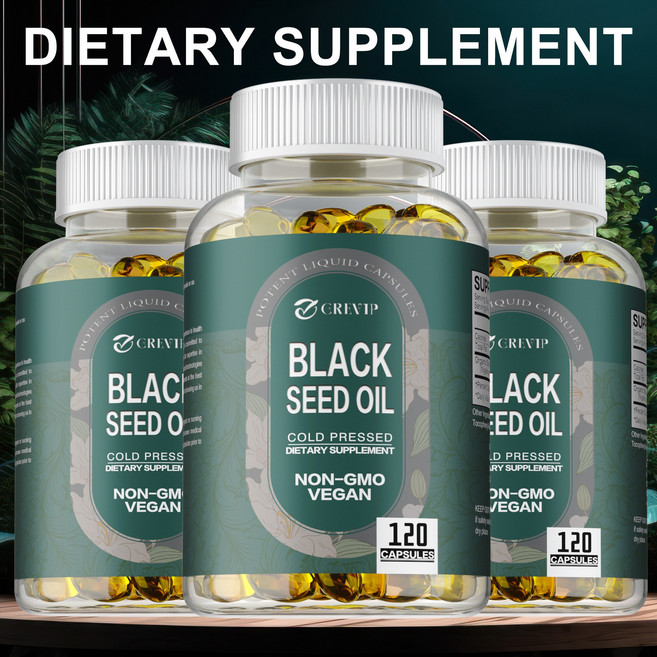 블랙 시드 오일 소프트젤 - 피부 건강 (비GMO & 비건) - 비타민 E 1 000mg이 함유된 순수 블랙 커민 씨 오일로 제조 - 1회 제공량당, 1개, 60정