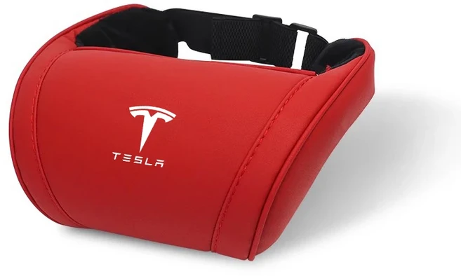 1Pcs 가죽 자동차 로고 머리 받침 좌석 목 보호 베개 테슬라 모델 3 모델 S 모델 X 모델 Y Cybertruck Road, 01 Red