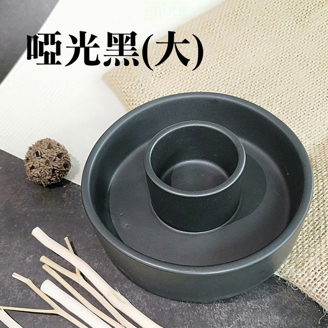 雨林薰舍 聖木架陶瓷燭台 鼠尾草盤 聖木條 線香座 飾品盤 蠟台, 鼠尾草架陶瓷燭台香氛爐-啞光黑(大)