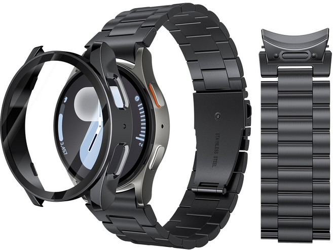 AITEWO 갤럭시워치 호환 프리미엄 메탈 밴드 스트랩 액정보호 풀커버 일체형 케이스 세트 길이조절기 포함, 1개, 블랙