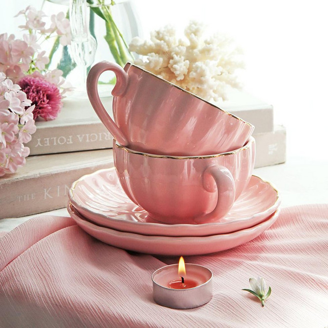 골드림 세라믹 커피잔세트 (티컵&소서&스푼), 핑크, 1개