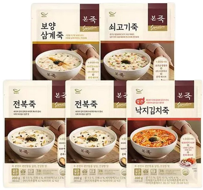 NS홈쇼핑본죽 파우치죽 200g 4종 세트 총 5팩(낙지1+쇠고기1+전복2+삼계1)..31018370, 1세트