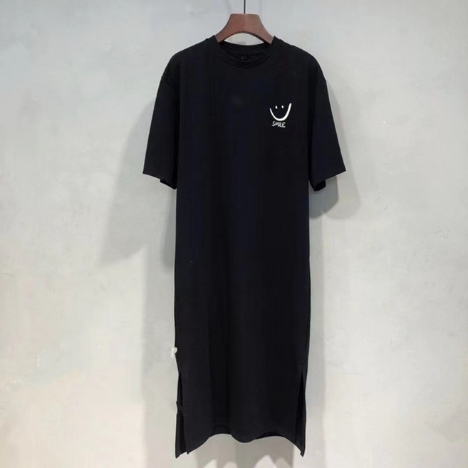 韓版印花開岔洋裝 懶人長T 中長款連身裙 夏季洋裝, 黑色笑臉,L碼