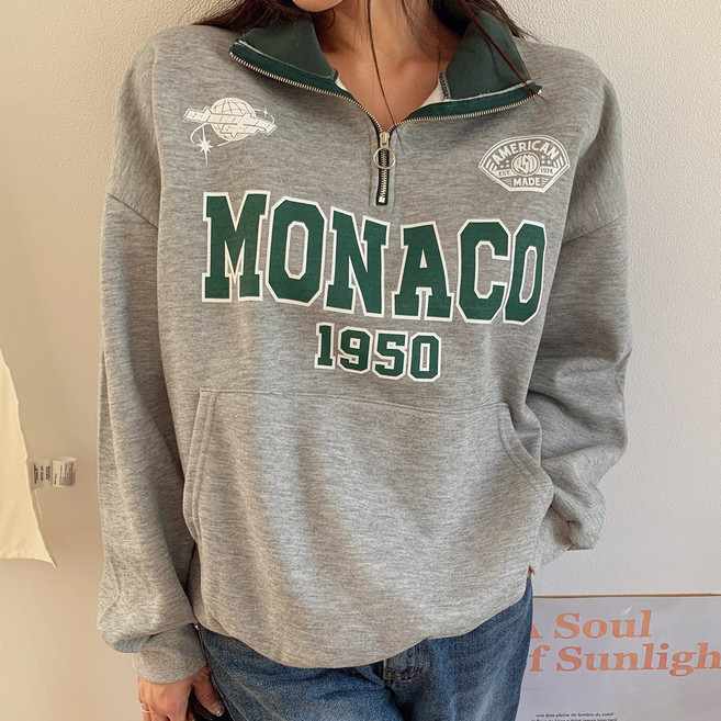 시크블랙 소베티 배색 레터링 오버핏 반집업 맨투맨-cpt13928k3a