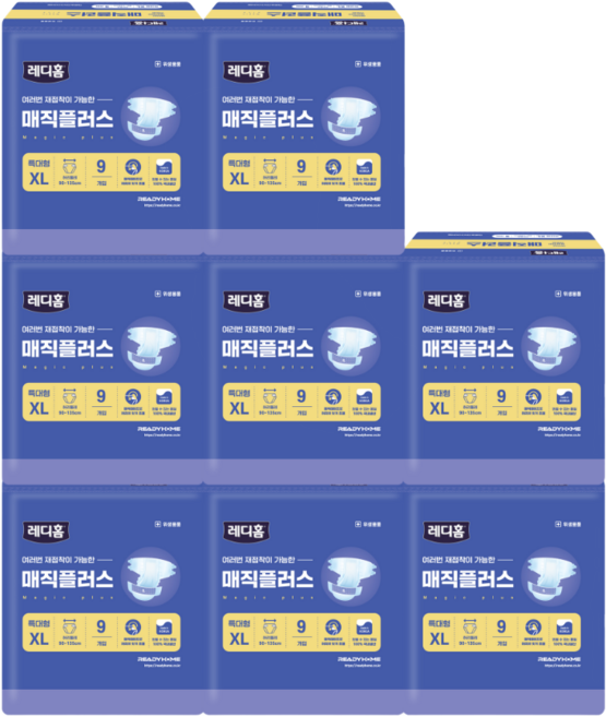 레디홈 프리미엄 남녀공용 매직테이프 성인기저귀 1박스 72매, 특대형, 9개입, 8개