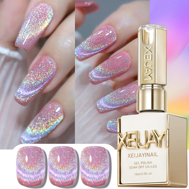 XEIJAYI 2026년 트렌디 레인보우 캣아이 네일 폴리시 젤 레인보우 컬러 마그네틱 젤 살롱 아트, 1개, 15ml, 핑크 젤