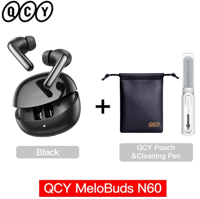 QCY MeloBuds N60 HT19 무선 블루투스 6.0 이어폰 베이스 부스트 LDAC 하이 레졸루션 오디오 이어버드 -56d, 08 Black with PouchPen, 01 China Mainland