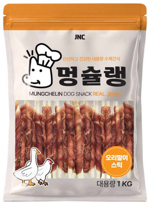 멍슐랭 강아지간식 대용량 1kg 져키 치킨 오리 고구마 애견간식, 1개, 오리말이 스틱