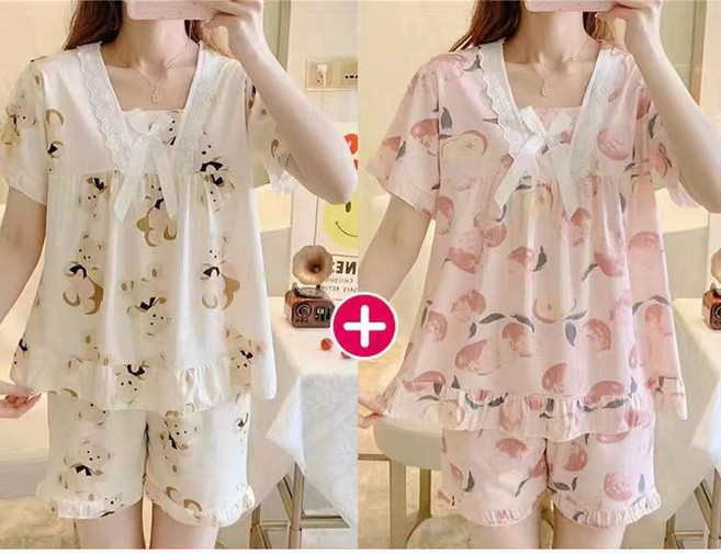 1+1 여성 여름 반팔 파자마 세트 캐주얼 스퀘어넥 상의 + 반바지 루즈핏 아웃도어 캐릭터 훔웨어 상하 투피스 빅사이즈 ZZL