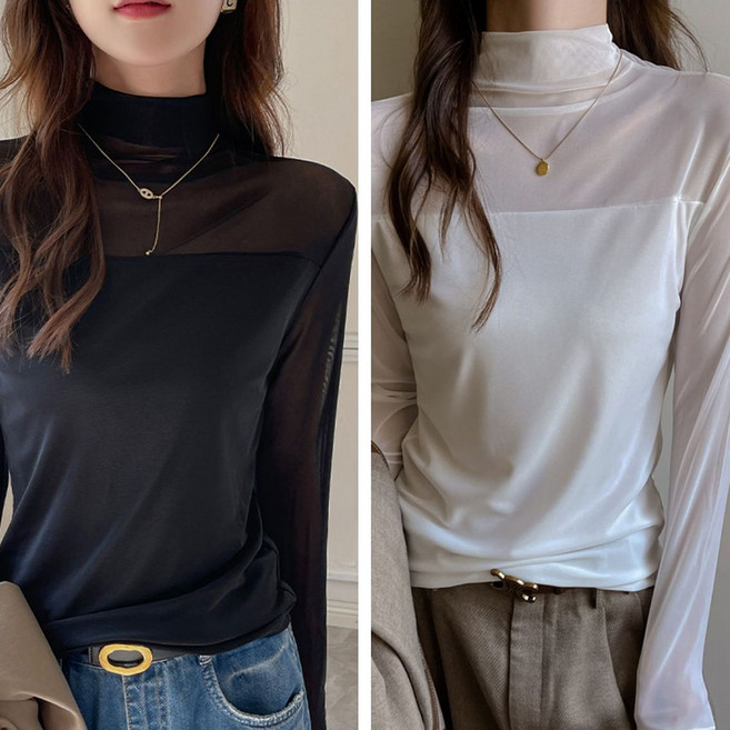 ROYALBELLE 2장묶음 여성 하프넥 긴팔 시스루 망사 레이어드 심플 이너 티셔츠 S012915