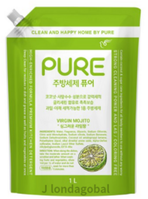 피죤퓨어 버진모히토 주방 세제 리필 가정용, 4개, 1L