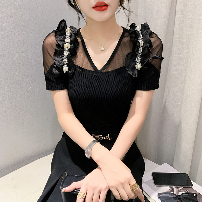 댄스복 상의 여성용 프린팅 지브라 브이넥 수술 체인 반팔 티셔츠+Women's T-shirt