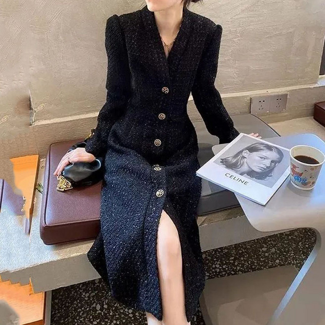 COSYEVNO 여성 봄 트위드 원피스 심플 통근 브이넥 A라인 롱원피스 OL