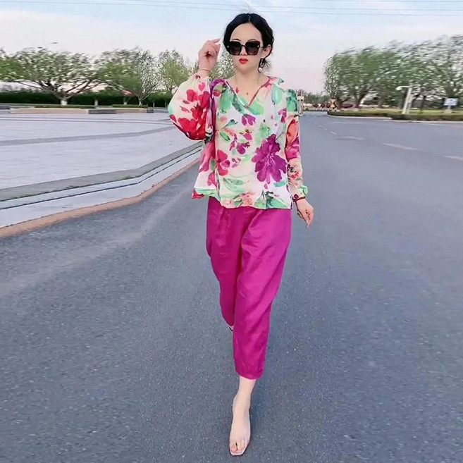 꽃소담 여성 꽃무늬 로즈레드 투피스 데일리 상하의세트 QL29