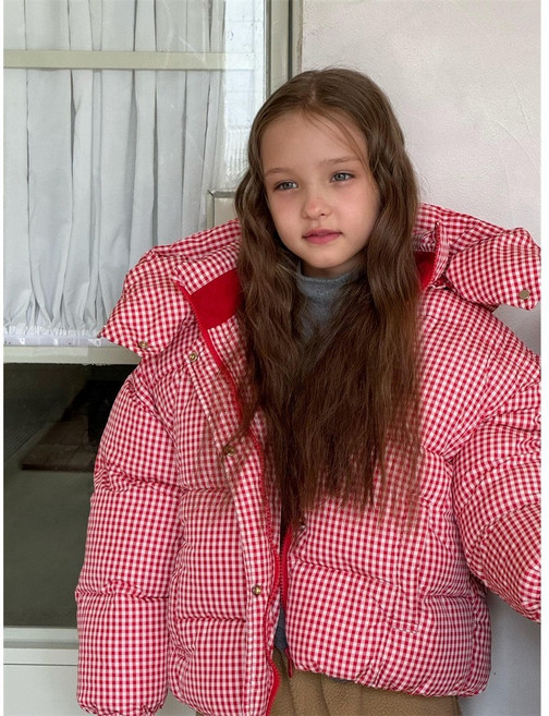 와이엑스 레드체크 후드일체 패딩 오버핏 숏패딩 맘커플 점퍼