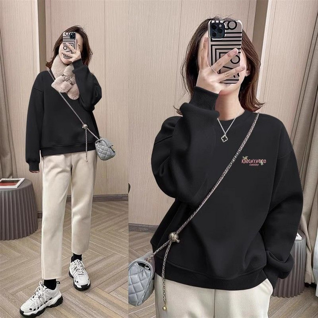 여성 맨투맨 루즈핏 라운드넥 캐주얼 무후드 긴팔 상의 후드티