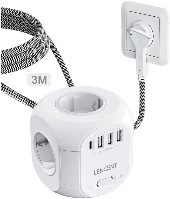 LENCENT EU 플러그 전원 소켓 케이블 있는 편조 2M/ 스위치가 가정용 C 유형 4개 스트립(AC 포트 USB 콘센트 3개 ) 멀티, Flat plug 3U1C