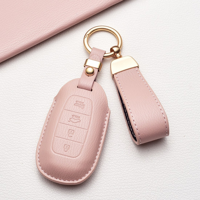 현대 키 커버 3/4/5버튼 | 스웨이드 패턴 | 고급 방청 | 팰리세이드/싼타페/그랜저/아반떼/코나 차종 호환, 현대  F4타입(4버튼), 장미핑크