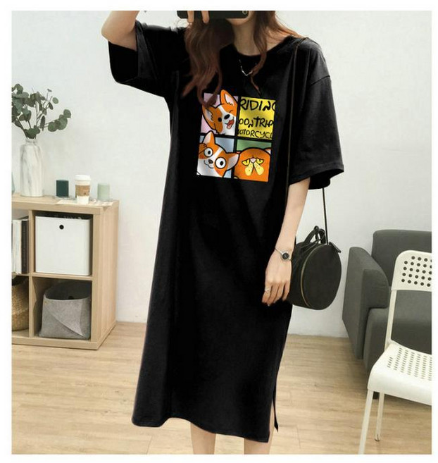 【慵懶印花】T恤連衣裙 長裙 連衣裙 中長裙 寬鬆T恤裙 大碼女裝 過膝長款 純棉舒適 夏季新款 休閒度假風, 2408-3#黑色