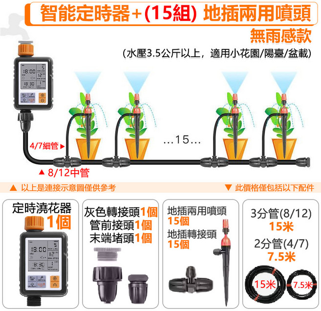 台中12H出貨 定時澆花器 自動灑水器, 智能定時器+地插兩用霧化噴頭15組, 1套