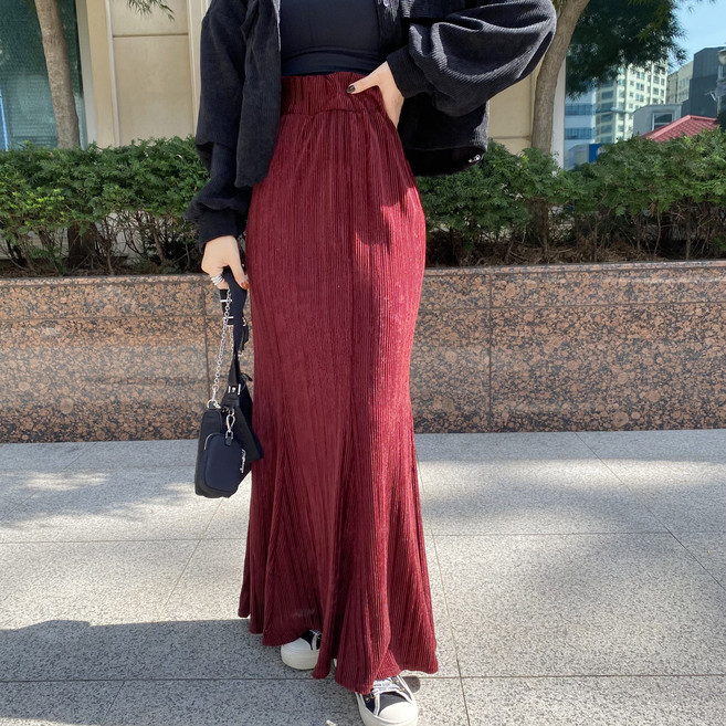 [송길동] 벨벳 골덴 코듀로이 플리츠 하이웨스트 머메이드 밴딩 롱 스커트 4컬러