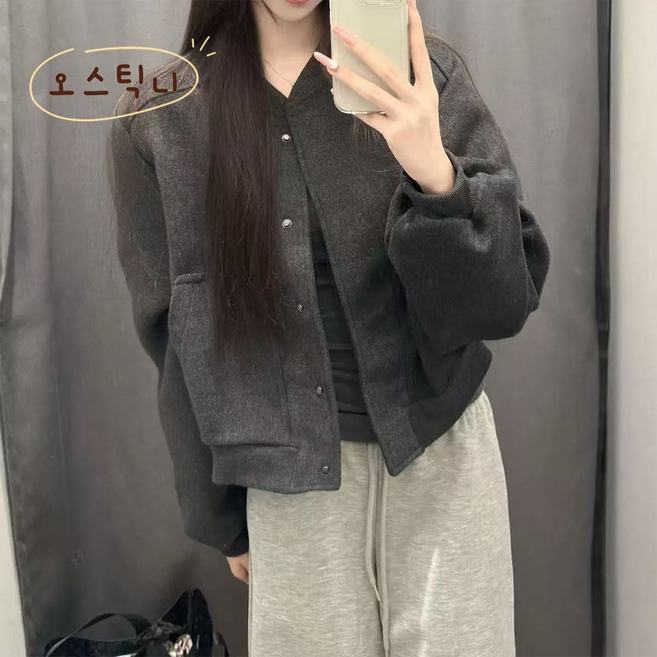 오스틱니 2025 여성 봄가을 검은색 슬림핏 간절기 외출용 야구복 방풍 긴팔 외투 재킷