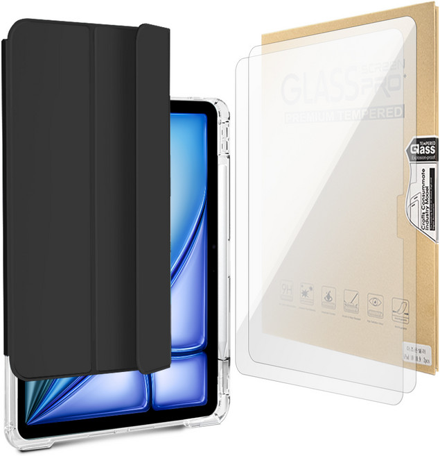 더조은셀러 아이패드 호환 트윈 슬라이드 레일 스탠딩 유리 필름, 블랙, 케이스, 1세트