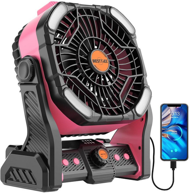 WESTTREE 20000mAh 배터리 전원 팬 캠핑 필수품 휴대용 팬 배터리 작동 충전식 텐트 팬 조명 및 후크 포함 X26A 핑크