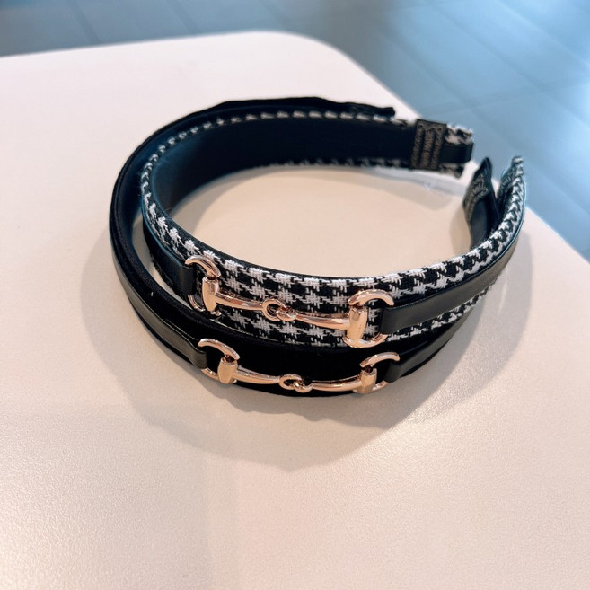 [지앤지]명품 스타일 골드 버클 헤어밴드 하운드 체크 모던 머리띠 벨벳 공단 와이드 여자