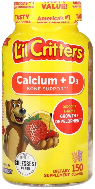 L'il Critters 칼슘 + D3 뼈 건강 지원 블랙 체리 오렌지 & 딸기 맛 구미젤리 150개, LilCritters칼슘D3뼈건강지원블랙체리오렌지딸기맛, 1개, 150정 - 쿠팡