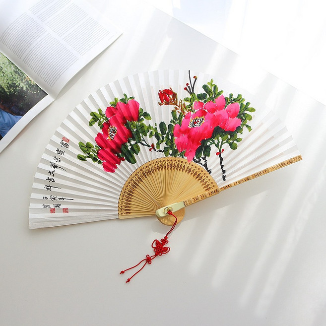 박씨상방 직접그린 벽원작가 목단 전주 합죽선 접부채 전통 한지부채 외국인선물, 1개, 벽원목단