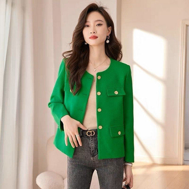 ORZQU 여성 봄 가을 라운드넥 고급 정장 코트 캐주얼 기질 봄자켓