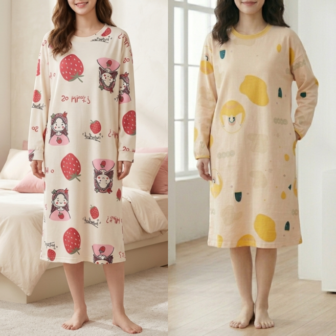 IAWI 여성용 귀여운 패턴 긴팔 원피스 잠옷 롱 데일리 홈웨어 집순이 파자마 [2개세트]