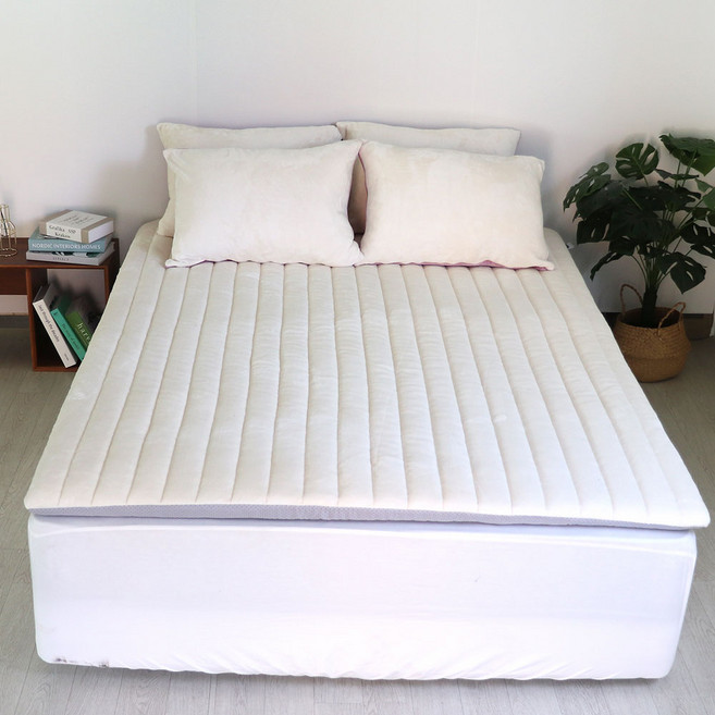 디메이드베딩 직접제작 겨울용 극세사 돌침대 흙침대 침대 두꺼운 누빔 토퍼 슈퍼싱글 퀸 킹사이즈, 극세사 토퍼 아이보리